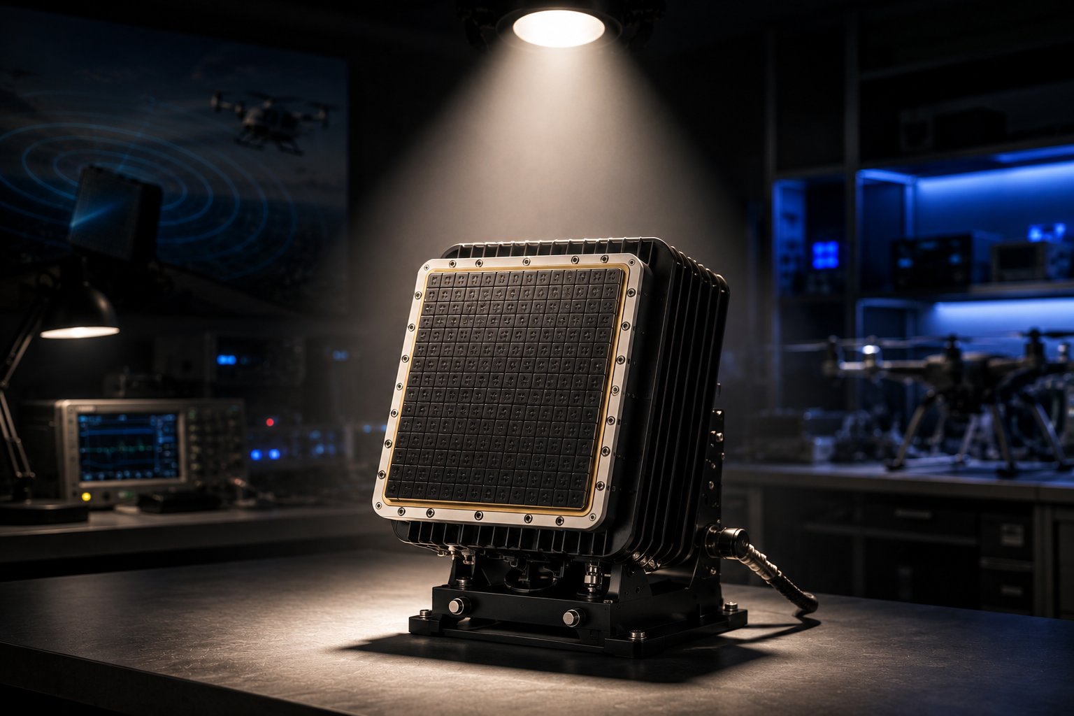 A Raider phased-array radar prototype spotlit on a lab workbench