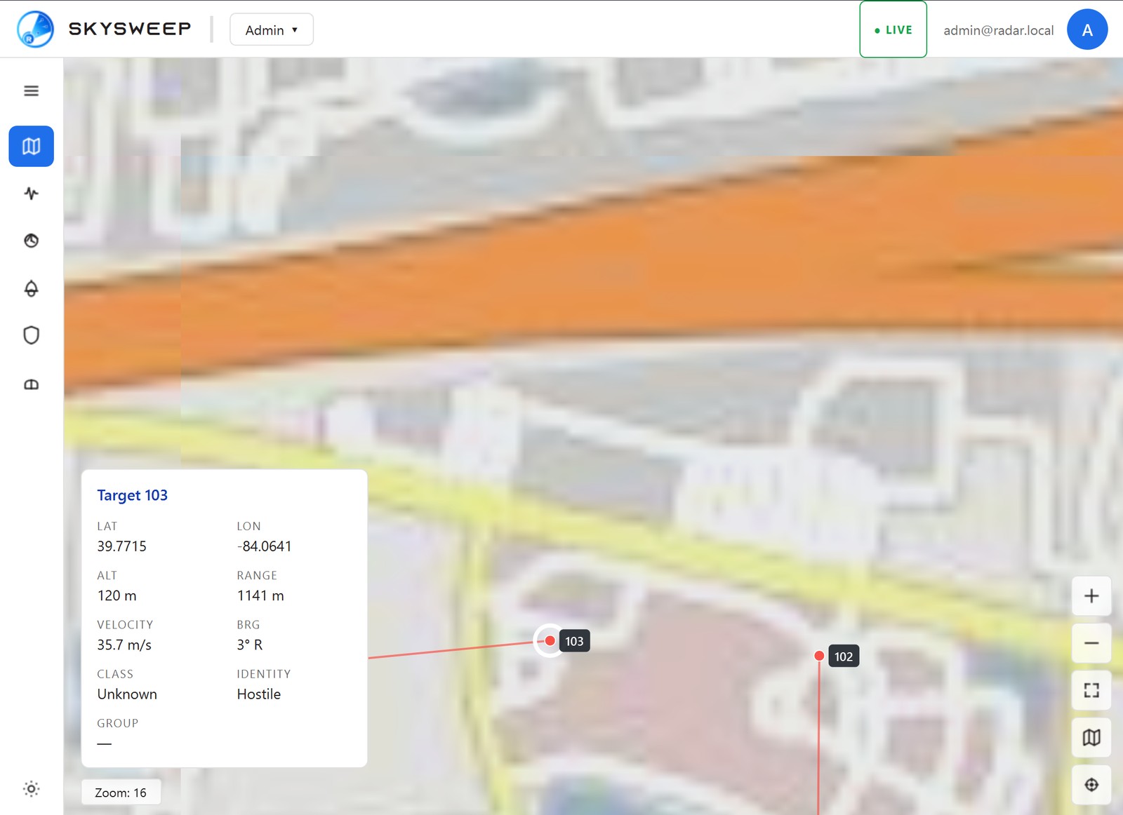 SkySweep operator dashboard with live target tracking on a map