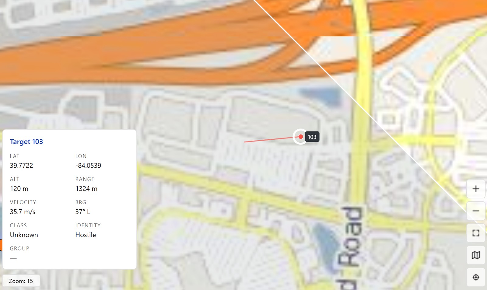 SkySweep map view showing a tracked target with range and bearing