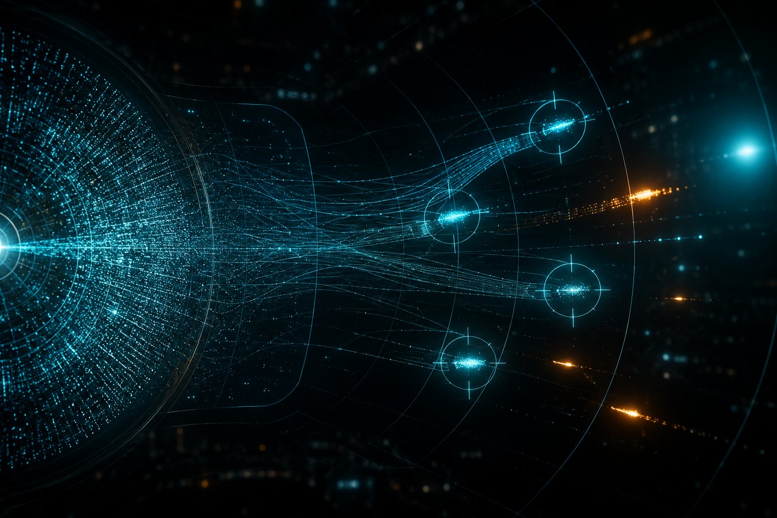 A cinematic visualization of radar signal processing resolving into tracked targets