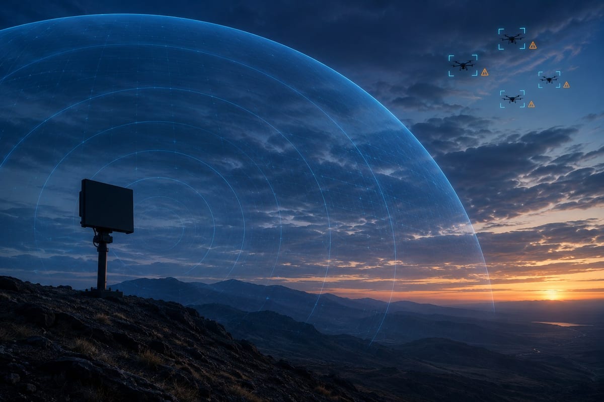 A single counter-drone radar on a ridge at dusk projecting a translucent detection dome that tracks a drone swarm