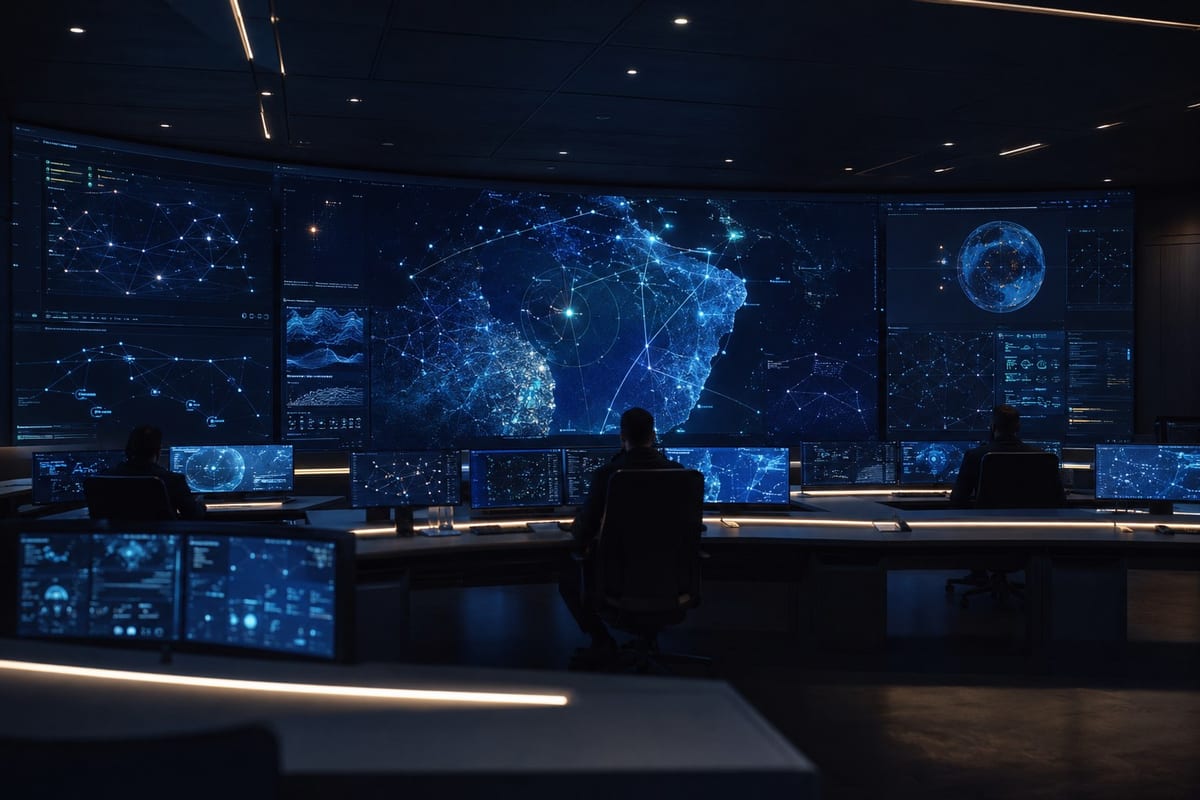 A defense operations command center with operators monitoring a large wall of tactical dashboards showing fused sensor and map data