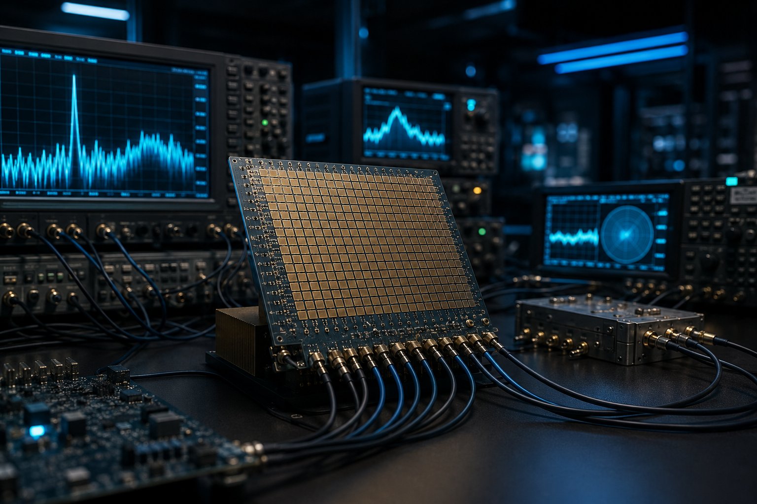 A phased-array radar prototype on a lab test bench wired to RF signal analyzers