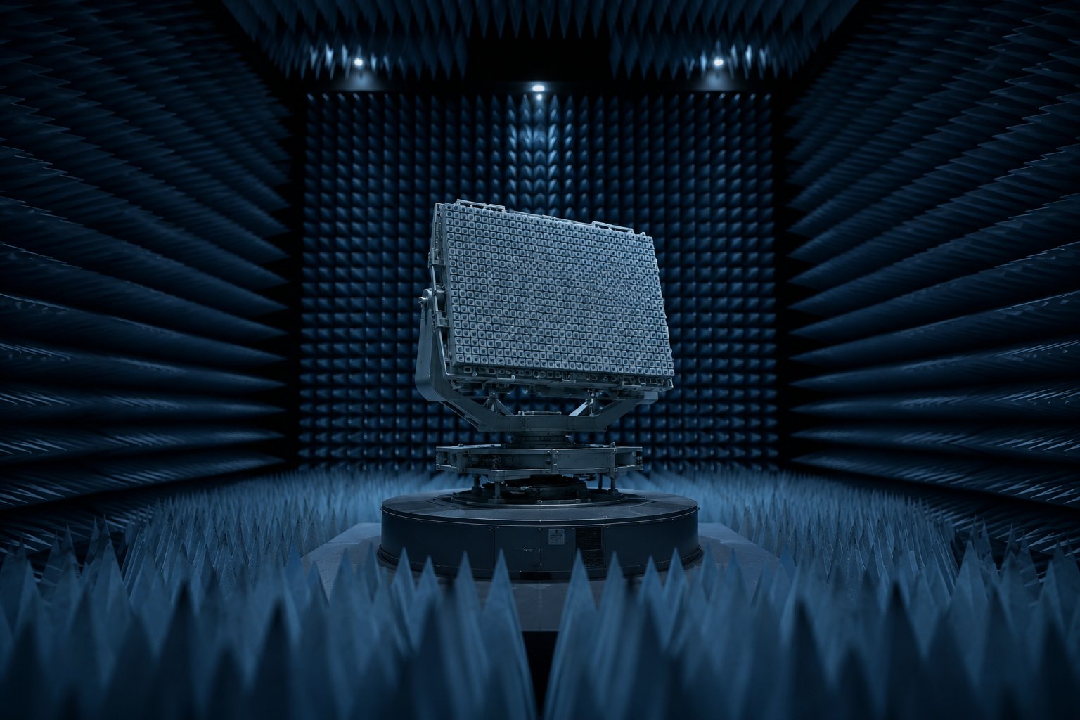 A radar antenna array under test on a pedestal inside an anechoic RF chamber